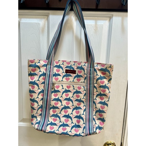 Bungalow360 Handbags - Bungalow 360 Striped Handle Tote Dolphin Heart print Girlcore Ocean Coastal